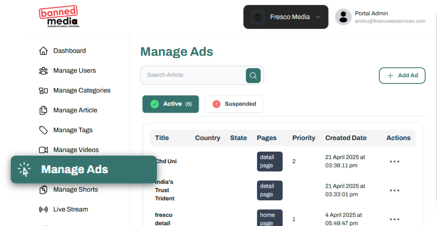 Manage Ads Dashboard Screenshot
